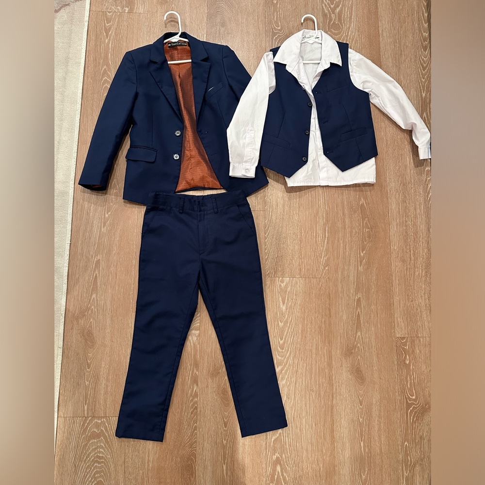 Slim fit boy navy blue formal dress suit blazer jacket pants shirt 6 wedding